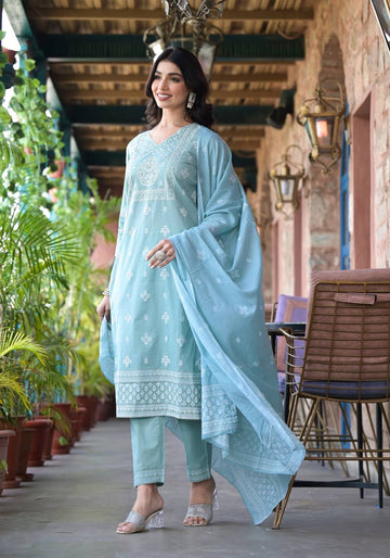 Varanga Women Sea Green Rubber Printed, Mirror Embellished Straight Kurta Paired With Bottom And Dupatta